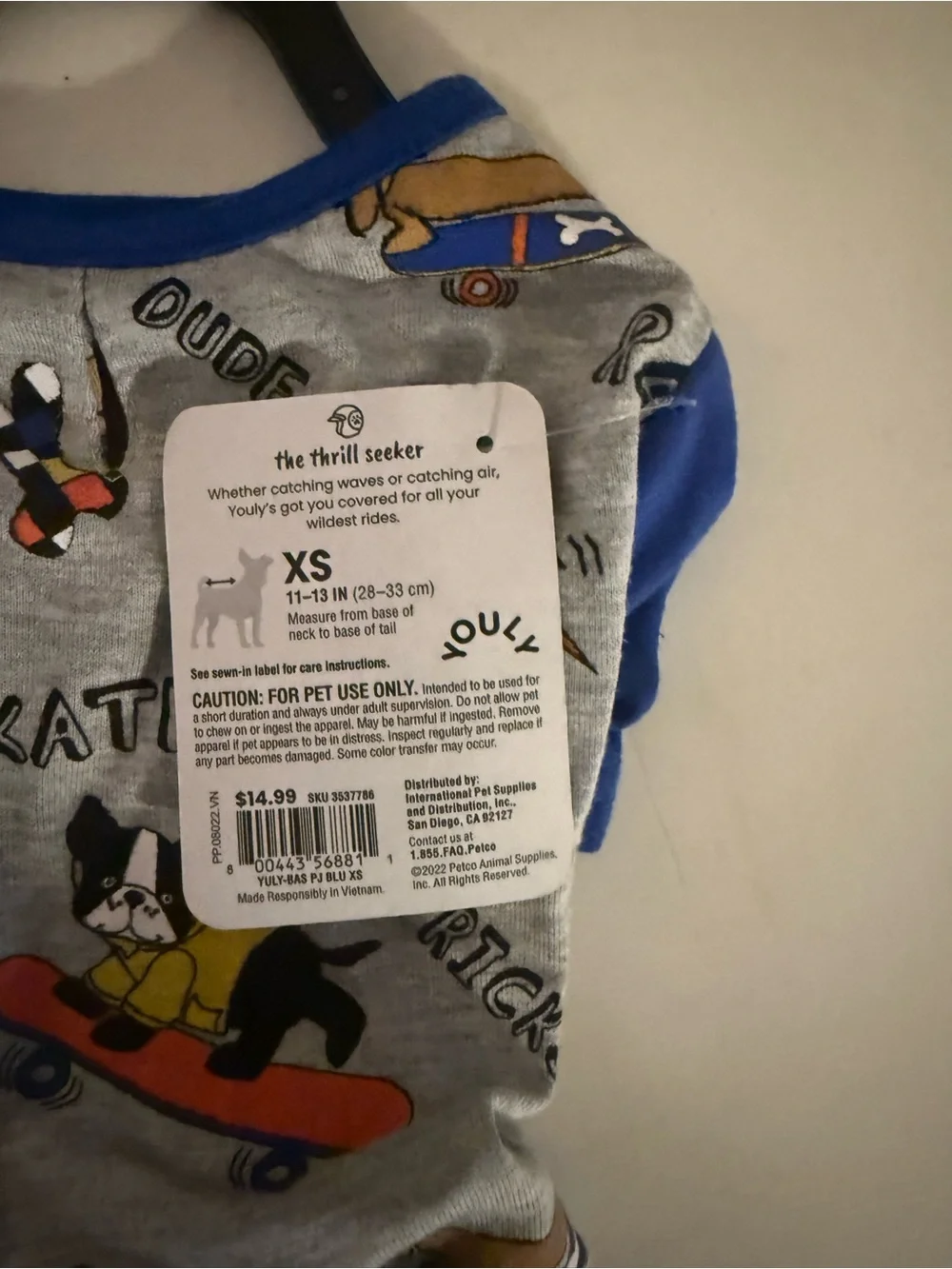 Ollie & Co. Skate-On Dog Jumpsuit - Grey with Blue Trim